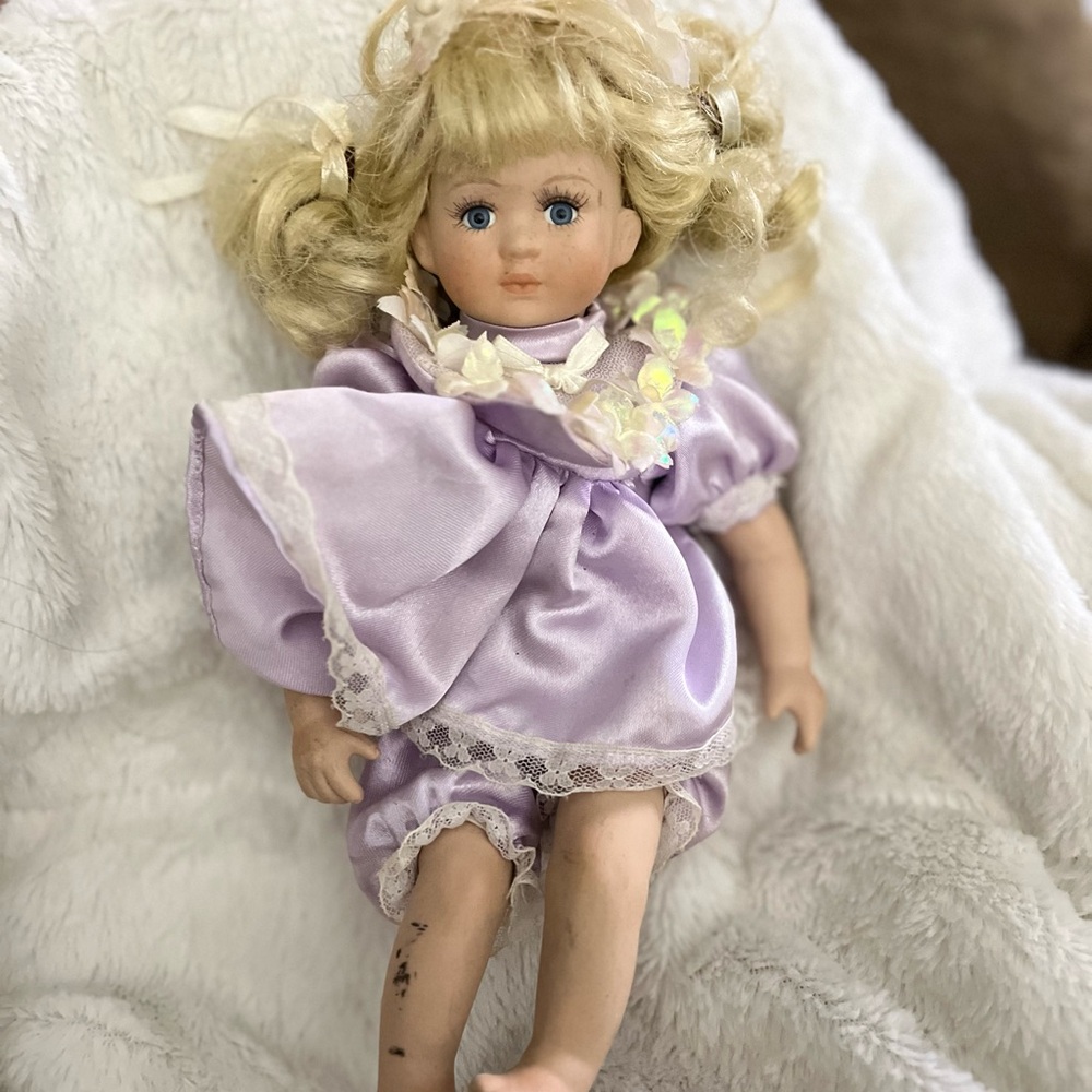 VINTAGE Lavender Dress Porcelain Baby Doll